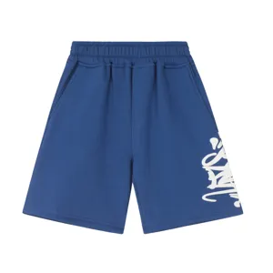 Casual blue streetwear shorts with white graffiti print, elastic drawstring waist and pockets.