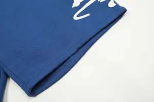 Blue fleece hoodie sweatshirt and shorts set cuff detail, high street Y2K style casual apparel.