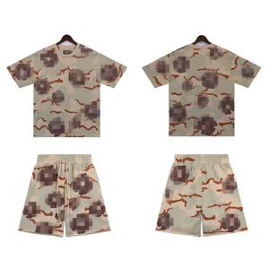 Camouflage print short sleeve t-shirt and casual shorts matching set for unisex.