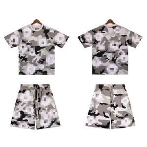 Detailed view of the camouflage floral print short sleeve t-shirt and matching shorts set.