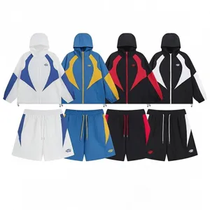 Unisex High Street Fashion Windbreaker Jacket Top And Casual Contrast Splicing Shorts Bottom Embroidered Sportswear Suit Cotton Blend