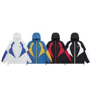 Streetwear color-block hooded windbreaker jacket featuring contrast panels and chest embroidery.