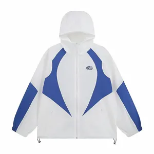 Colorblock hooded windbreaker jacket for men and women, trendy streetwear design with zip up front.