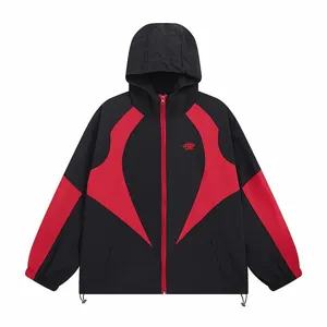 Black red colorblocked hooded windbreaker jacket men women high street casual outerwear