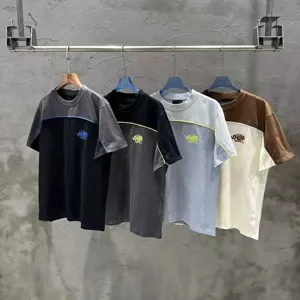 Cotton Embroidered Letter Logo T-Shirt Color Block Patchwork Short Sleeve Top American High Street Unisex Loose Casual Tee