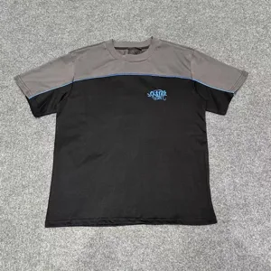 Men women streetwear short sleeve t shirt grey black colorblock contrast piping logo top
