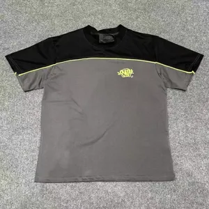 Color-blocked short-sleeve t-shirt with chest embroidery and neon piping for street fashion.