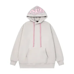 Felpa con cappuccio felpata unisex streetwear stile Y2K grigia con coulisse rosa brillante