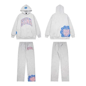 Completo felpa con cappuccio e pantaloni felpati grigi, stile streetwear Y2K unisex.