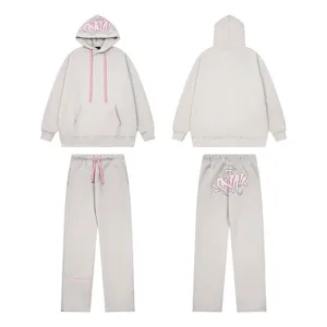 Set tuta con felpa con cappuccio e pantaloni grigio Y2K con coulisse rosa e dettagli di ricamo graffiti.