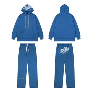 Set felpa con cappuccio e pantaloni felpati blu con stampa graffiti, stile Y2K.