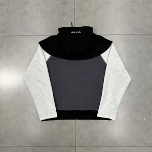 Colorblock fleece hooded sweatshirt with zipper and back letter embroidery for streetwear.