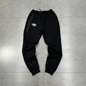Black fleece-lined casual sweatpants with zipper pocket and adjustable drawstring waist.