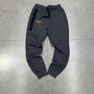 Dark grey fleece-lined casual sweatpants with zipper pockets and stylish embroidery.