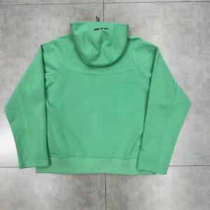 Green hooded sweatshirt for men and women, casual streetwear hoodie with back hood lettering.