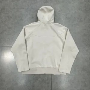 Close-up detail view of the casual beige hooded sweatshirt back design, fine fabric texture.