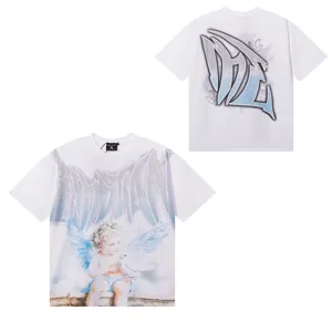 Λευκό t-shirt κοντό μανίκι με γραφικό αγγέλου και στρας γράμματα streetwear top.