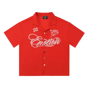 Men women waffle short sleeve shirt cupid embroidery vintage casual button down top