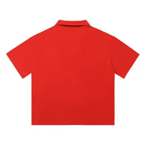 Back view of the red short sleeve collared shirt, highlighting the clean textured waffle fabric.