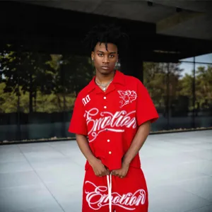 Red waffle knit short sleeve shirt shorts set with embroidered cupid and emotion text.