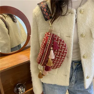 Gewebte Quasten Umhaengetasche fuer Damen, ethnischer Stil Schultertasche mit breitem Gurt.