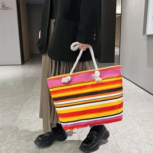 Damen große Segeltuch Handtasche modische lässige bunte gestreifte Tote Bag mit dicken Seilgriffen