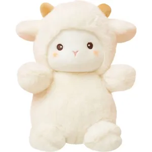 Simpatico peluche agnello bianco con corna, morbida bambola di peluche per regalo bambini.