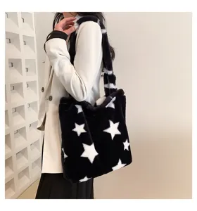 Stylish black plush shoulder bag with white star pattern, soft daily casual tote purse.