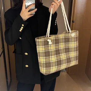 Damen große Kapazität Karomuster Shopper Tasche stilvolle Wollmischung Schultertasche