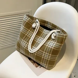 Damen Herbst Winter Wolle kariert Tote Tasche, grosse Kapazitaet modische Schultertasche.