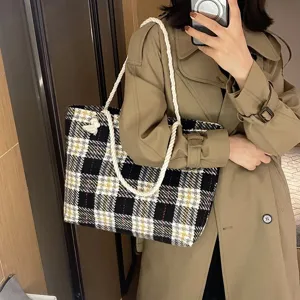 Damen Canvas Shopper Tasche Große Kapazität Karomuster Umhängetasche Lässig Retro Handtasche Tägliche Pendel