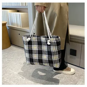 Damen Karo Tweed Tote Bag grosse Kapazitaet Winter Schultertasche mit Kordelgriffen