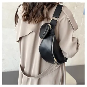Sac bandoulière poitrine en cuir PU noir avec petite pochette ronde sacoche élégante pour femme