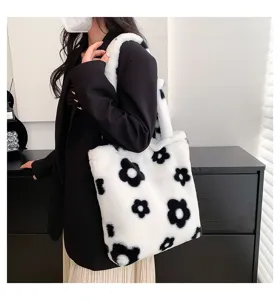 Korean style fluffy tote bag, black white floral plush shoulder bag large capacity for women.