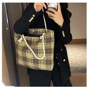 Damen Winter grobe Kapazität Wolle Karo Shopper Tasche, lässige schicke Umhängetasche.