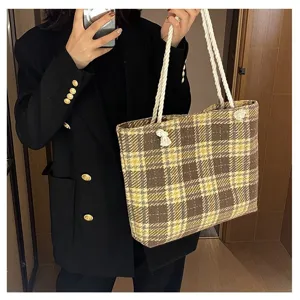 Damen Karomuster Wolle Shopper Tasche mit weissen Seilgriffen, grosse Handtasche Stil.