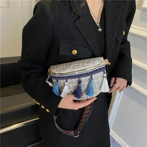 Gewebte Tweed Quasten Brusttasche für Damen, ethnischer Stil Umhängetasche mit breitem Gurt