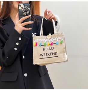 Sac cabas en toile de jute avec pompons colorés, sac à main décontracté pour été.