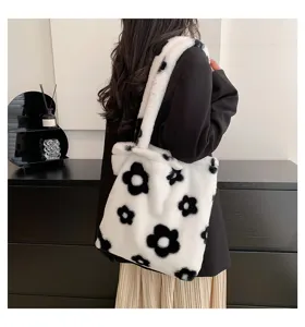 Korean style black and white fluffy flower plush shoulder bag detail view, casual tote style.