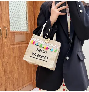 Sac cabas en lin décontracté avec glands colorés et imprimé Hello Weekend, sac élégant.