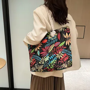 Damen Canvas Umhängetasche Herbst Blumenprint Freizeit Shopper Grosse Handtasche Beutel