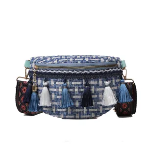 Sac à bandoulière femme tissé avec franges style ethnique sac banane tendance bleu