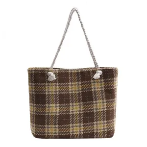 Braune Karo Damen Handtasche Herbst Winter Wollstoff Shopper Tasche Grosse Kapazitaet Alltag