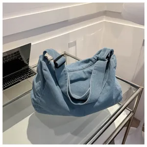 Sac bandoulière décontracté en jean bleu pour femme, fourre-tout simple style coréen.