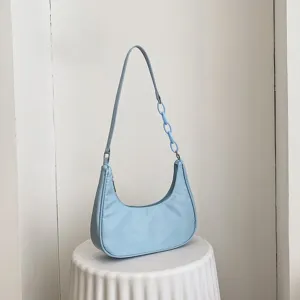 Sac à bandoulière en nylon bleu clair avec chaîne en acrylique, sac à main décontracté pour femmes.