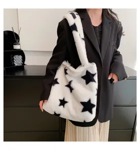 Fluffy faux fur tote bag for women, large capacity winter shoulder bag with star pattern.