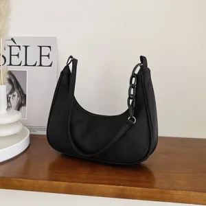 Sac porté épaule aisselle en nylon noir avec chaîne acrylique chunky, sac à main casual.