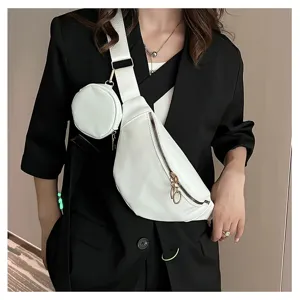 Élégant sac bandoulière blanc en PU avec pochette ronde, accessoire de mode quotidien.