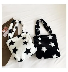 Fluffy plush tote bag for women, cute star pattern shoulder bag, casual soft handbag.