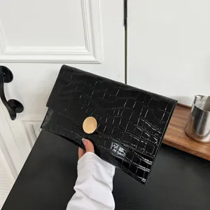 Sac pochette enveloppe en cuir PU motif crocodile noir élégant vintage sac à main